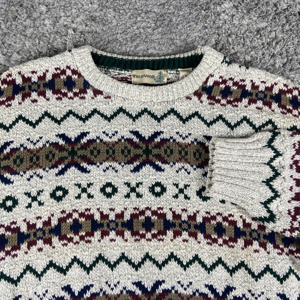 Vintage Fieldmaster Sweater Men L Tall Beige Fair Isle Cotton Knit Fisher USA 90